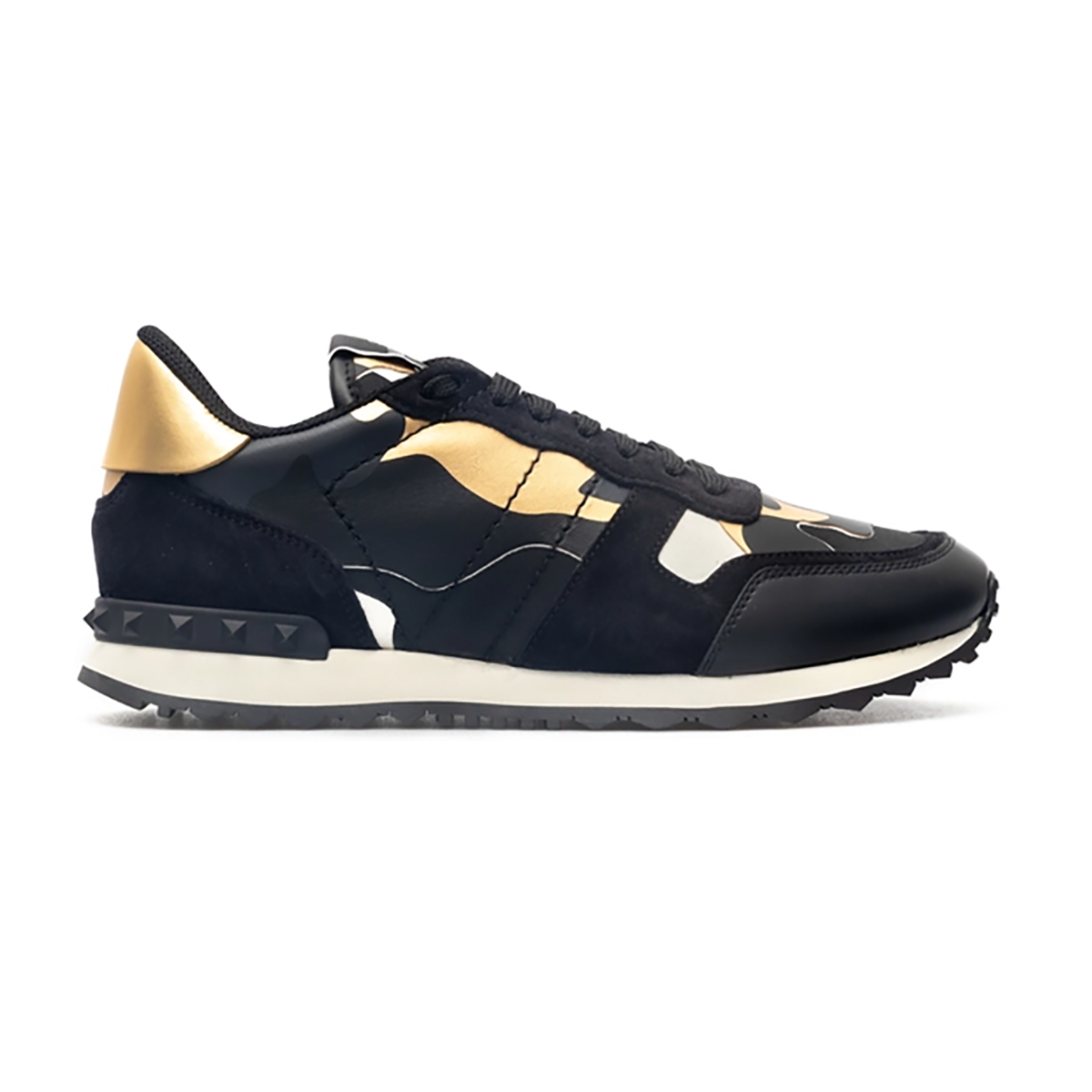 VALENTINO ROCKRUNNER CAMO TRAINERS IN BLACK-GOLD