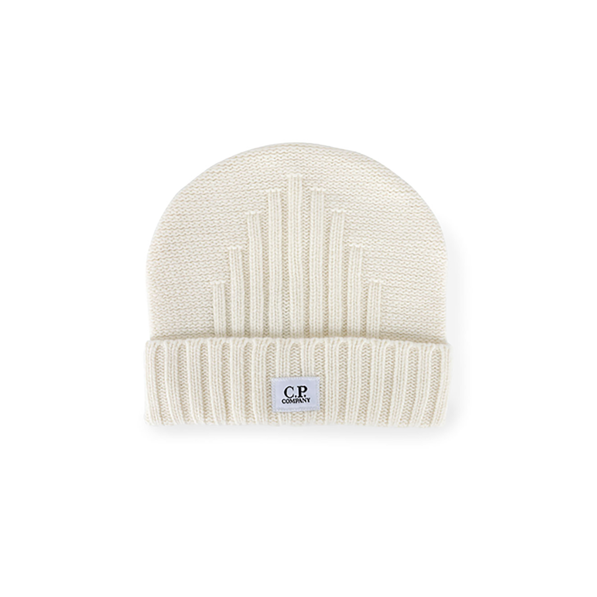 CP COMPANY KNIT LOGO PATCH BEANIE IN WHITE