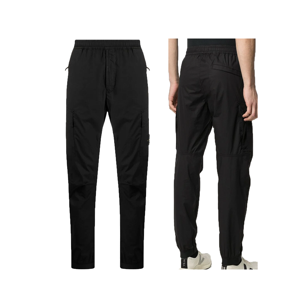 STONE ISLAND LOGO PATCH CARGO TROUSERS IN BLACK