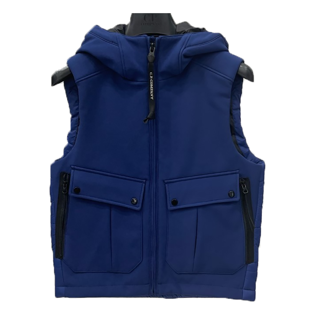 CP COMPANY JUNIOR GOGGLE HOOD GILLET IN BLUEPRINT