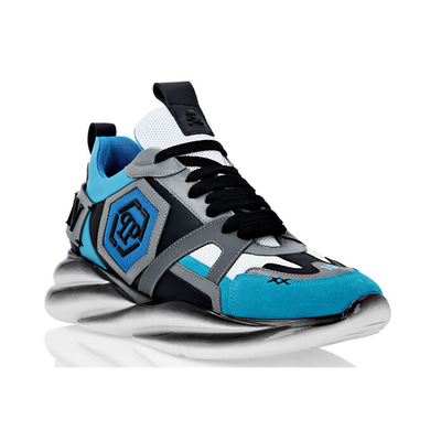 PHILIPP PLEIN HURRICANE LEATHER AND MESH TRAINERS IN BLUE