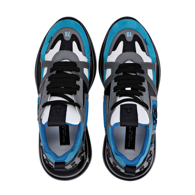 PHILIPP PLEIN HURRICANE LEATHER AND MESH TRAINERS IN BLUE