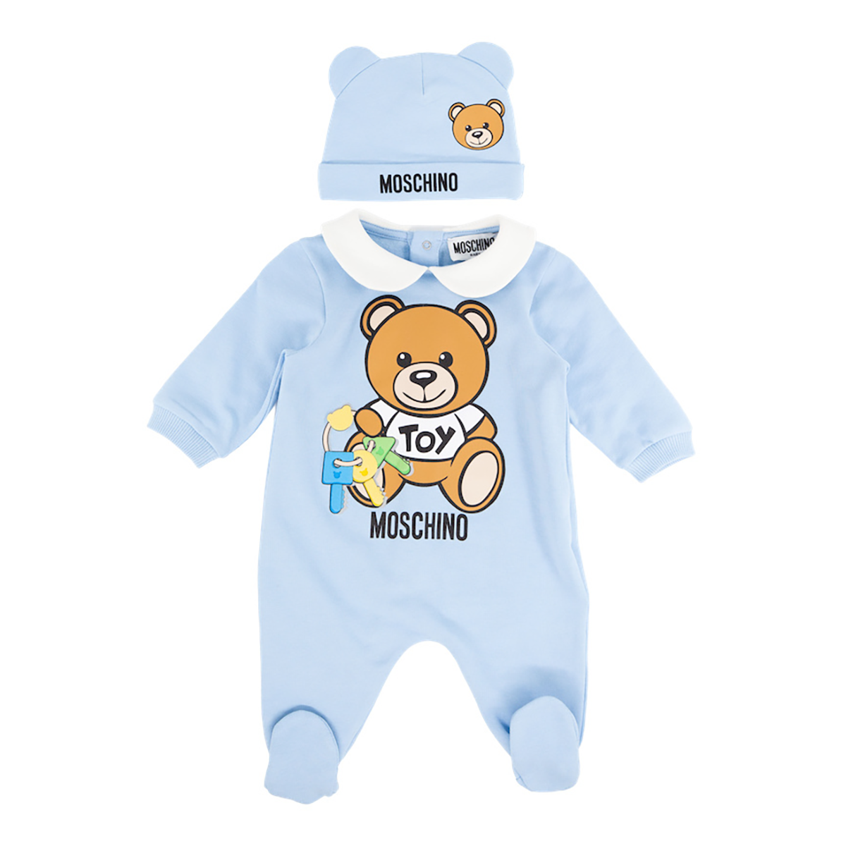 MOSCHINO BABY BABYGROW AND HAT SET IN BLUE