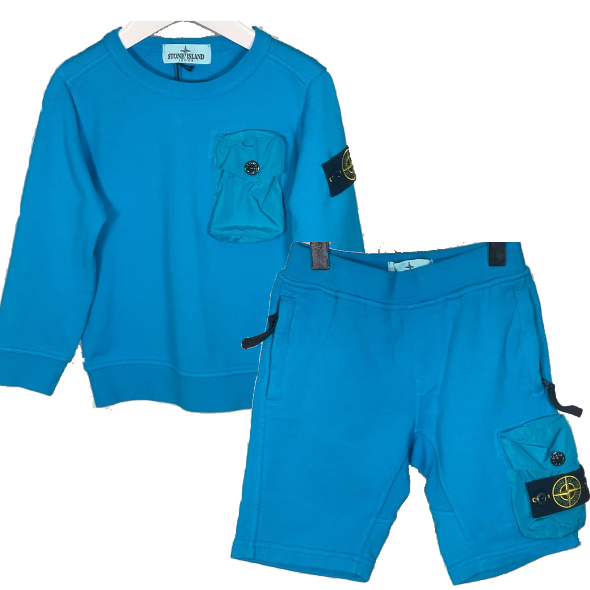 STONE ISLAND JUNIOR MIX FABRIC SHORT SET IN BRIGHT BLUE