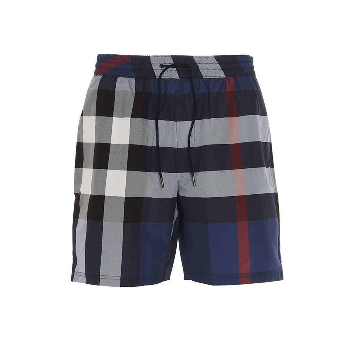 BURBERRY CHECK DRAWCORD SWIM SHORTS IN CARBON BLUE