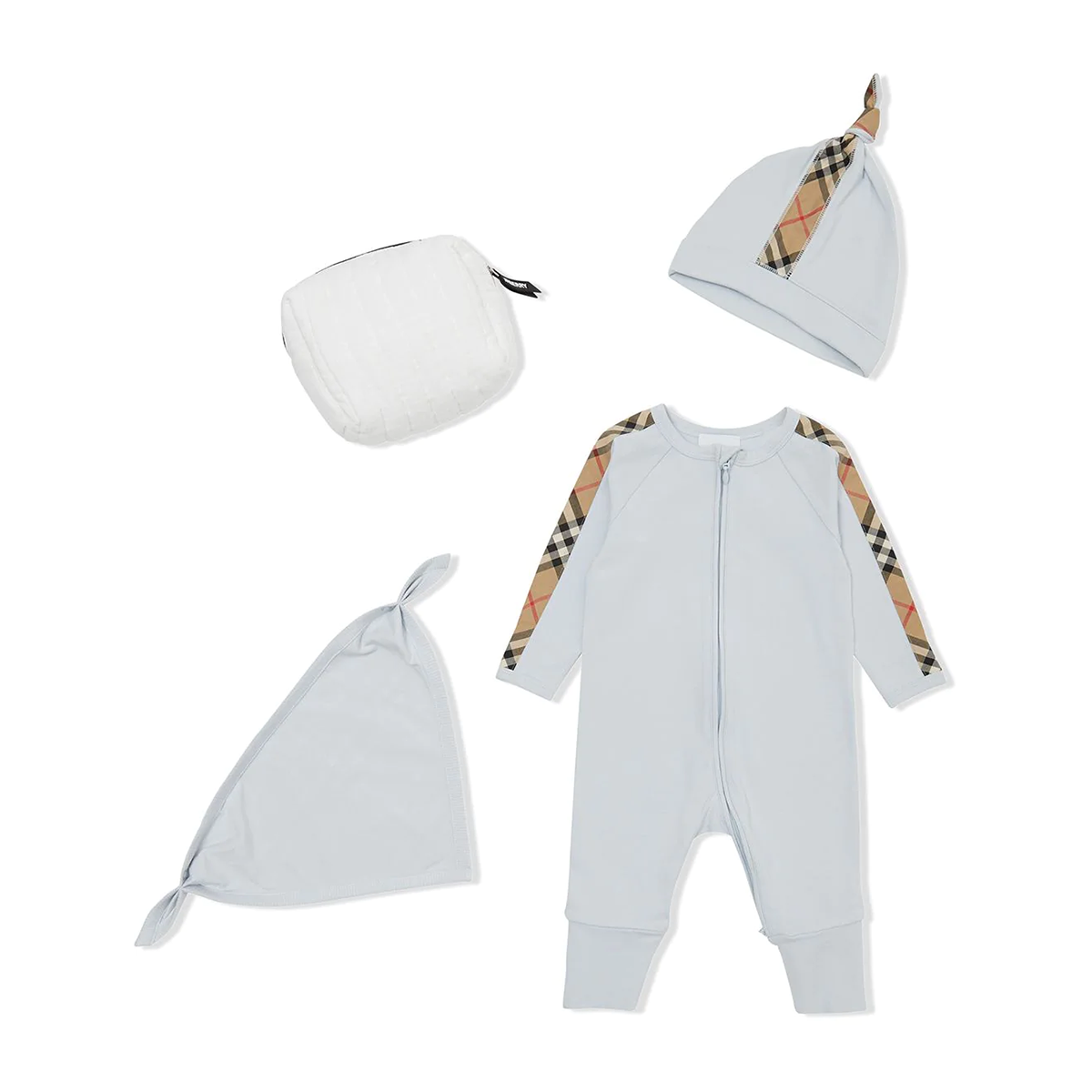 BURBERRY BABY CHECK TRIM COTTON THREE PIECE SET IN BLUE