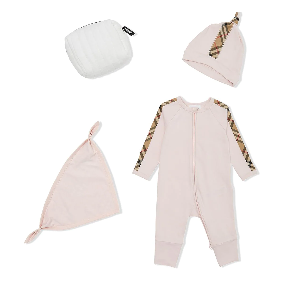 BURBERRY BABY CHECK TRIM COTTON THREE PIECE SET IN PINK