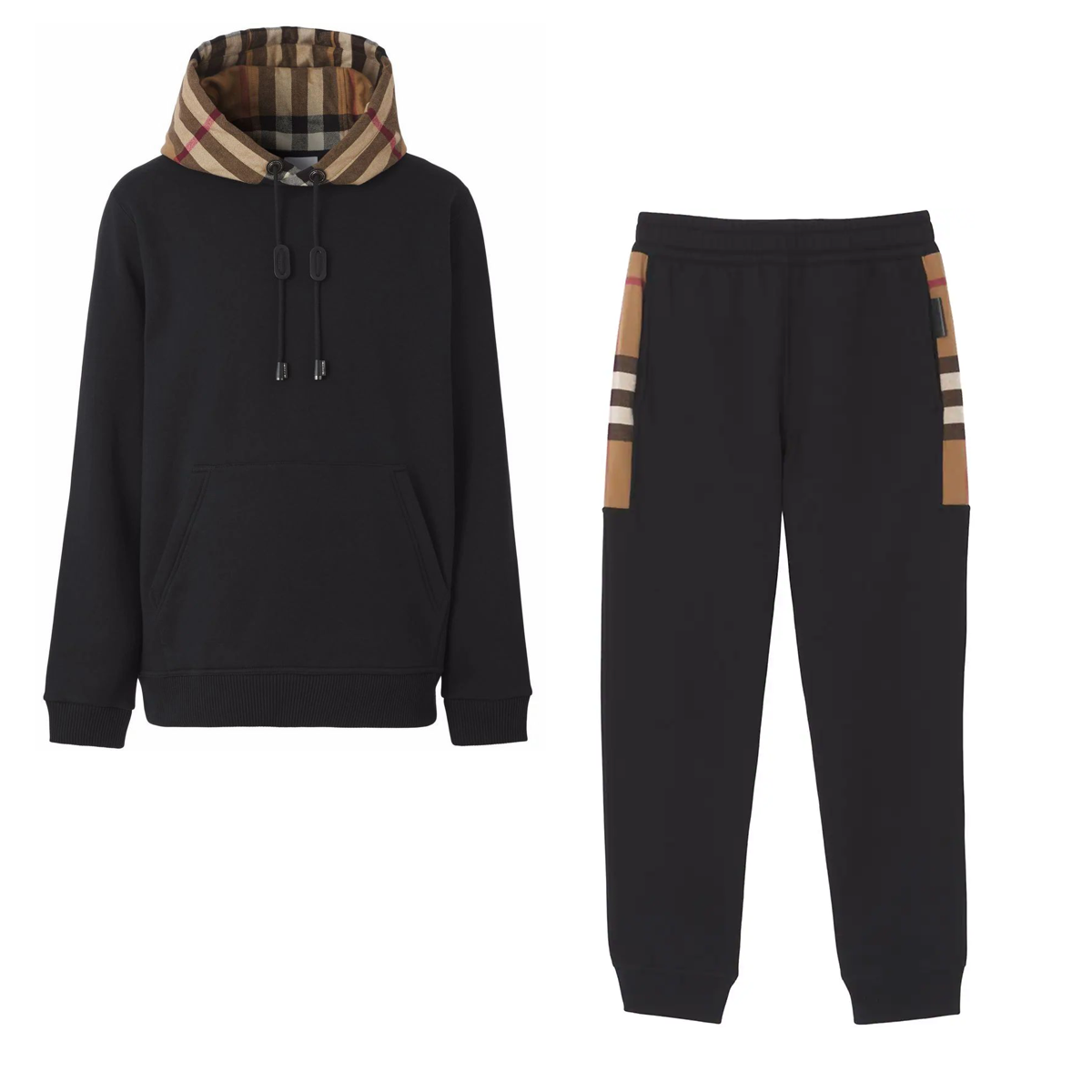 BURBERRY CHECK PANEL COTTON BLEND HOODED TRACKSUIT IN BLACK