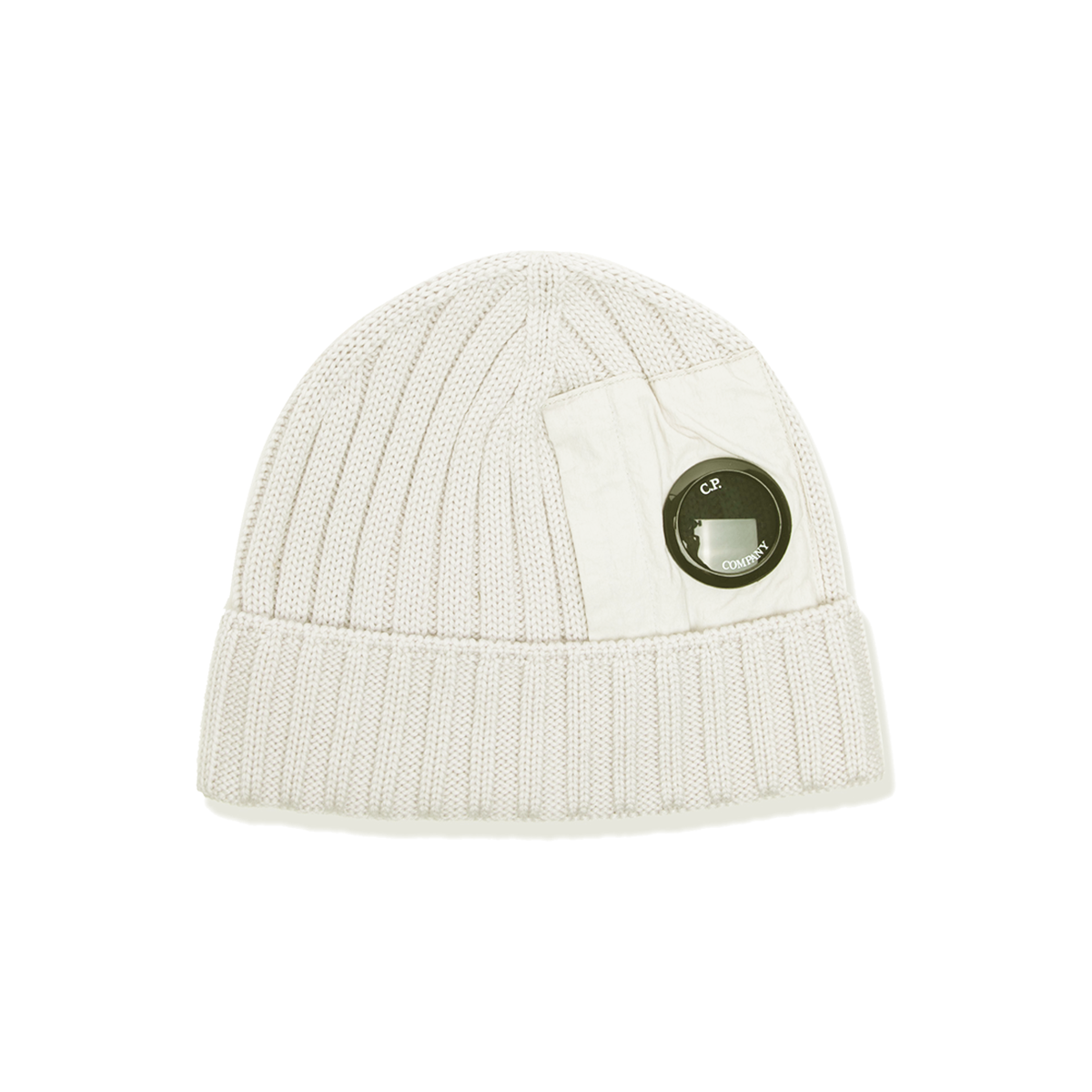 CP COMPAN NYLON BADGE BEANIE IN WHITE