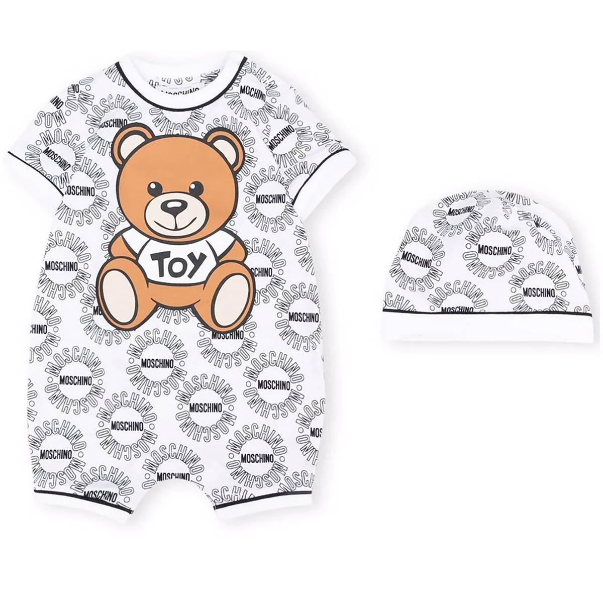 MOSCHINO BABY CIRCULAR LOGO ROMPER AND HAT SET