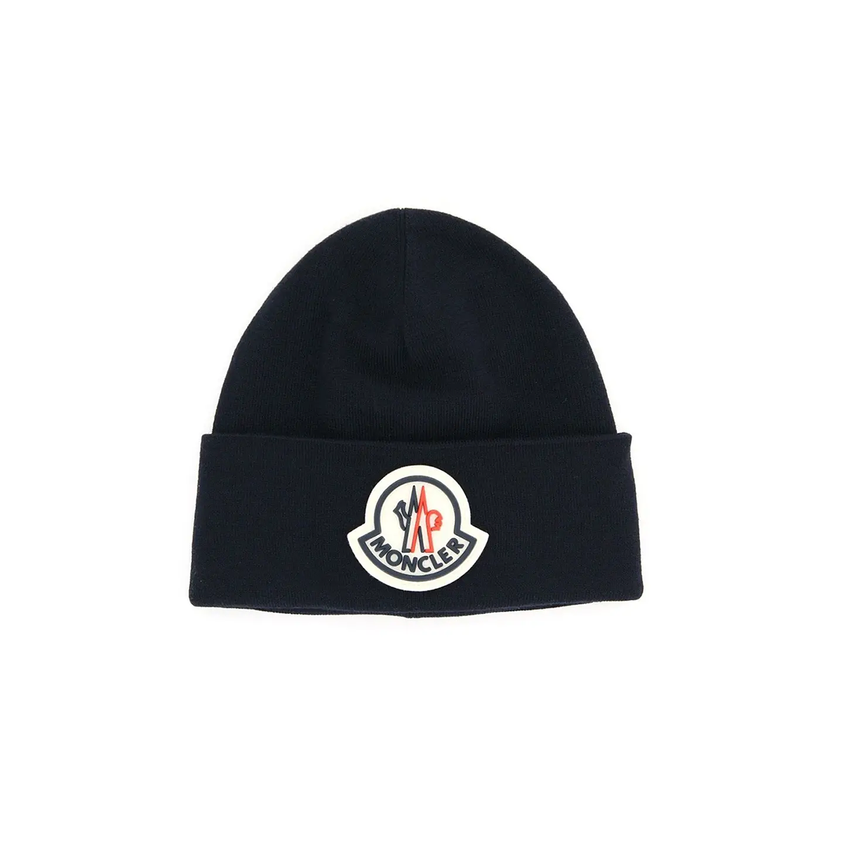 MONCLER WOOL LOGO BEANIE IN NAVY BLUE