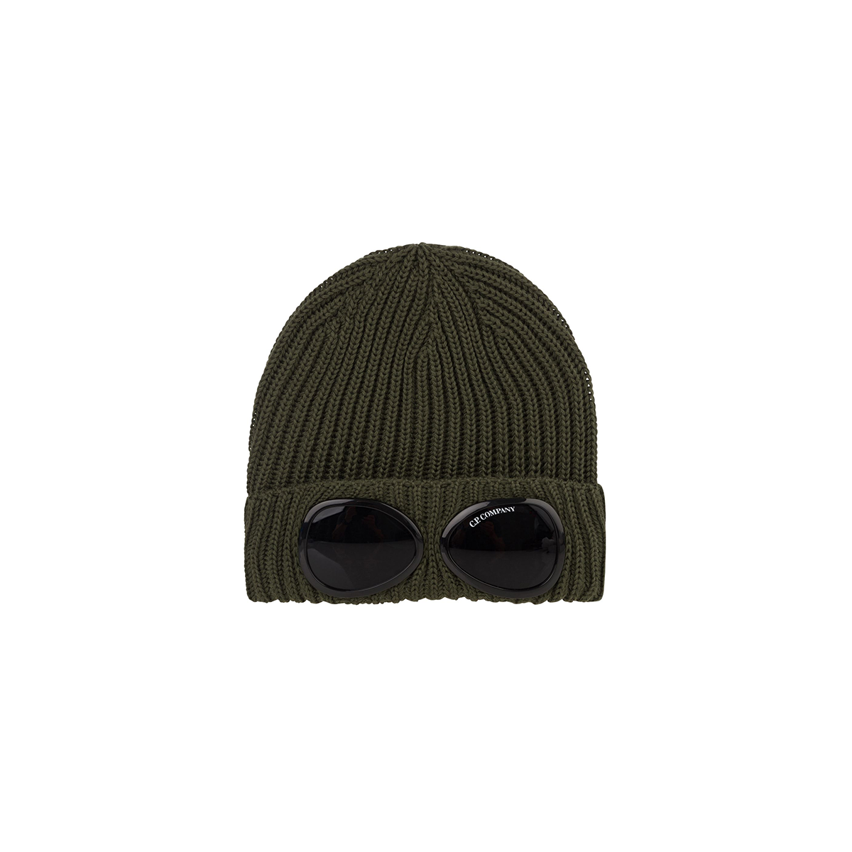 CP COMPANY JUNIOR GOGGLE BEANIE IN OLIVE GREEN