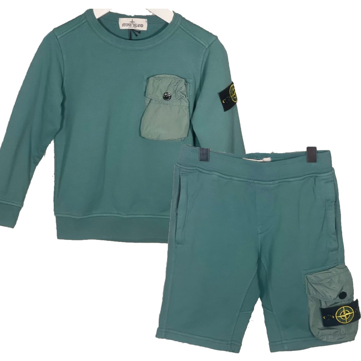 STONE ISLAND JUNIOR MIX FABRIC SHORT SET IN GREEN