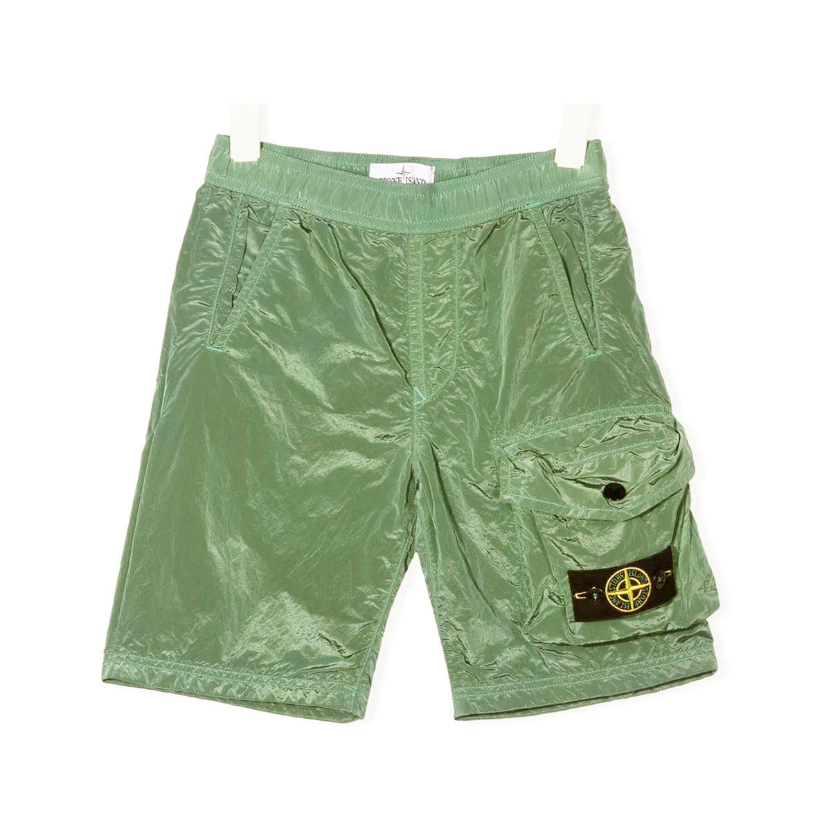 STONE ISLAND JUNIOR NYLON METAL CARGO SHORTS IN GREEN