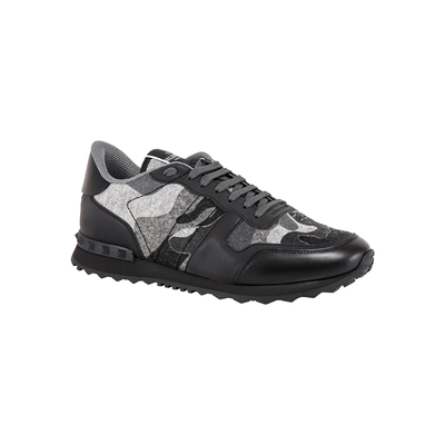 VALENTINO ROCKSTUD FELT CAMO TRAINERS IN STONE GREY