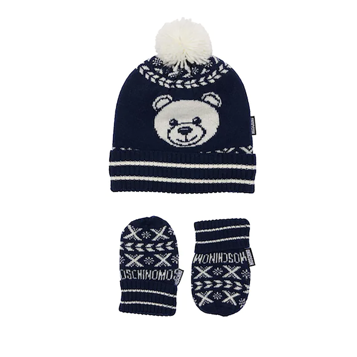 MOSCHINO BABY KNITTED HAT AND MITTON SEY IN NAVY