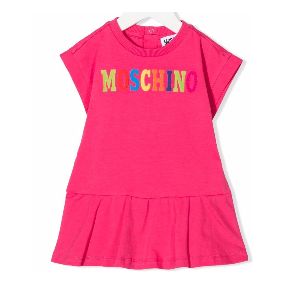 MOSCHINO JUNIOR MULTI COLOR LOGO DRESS IN PINK