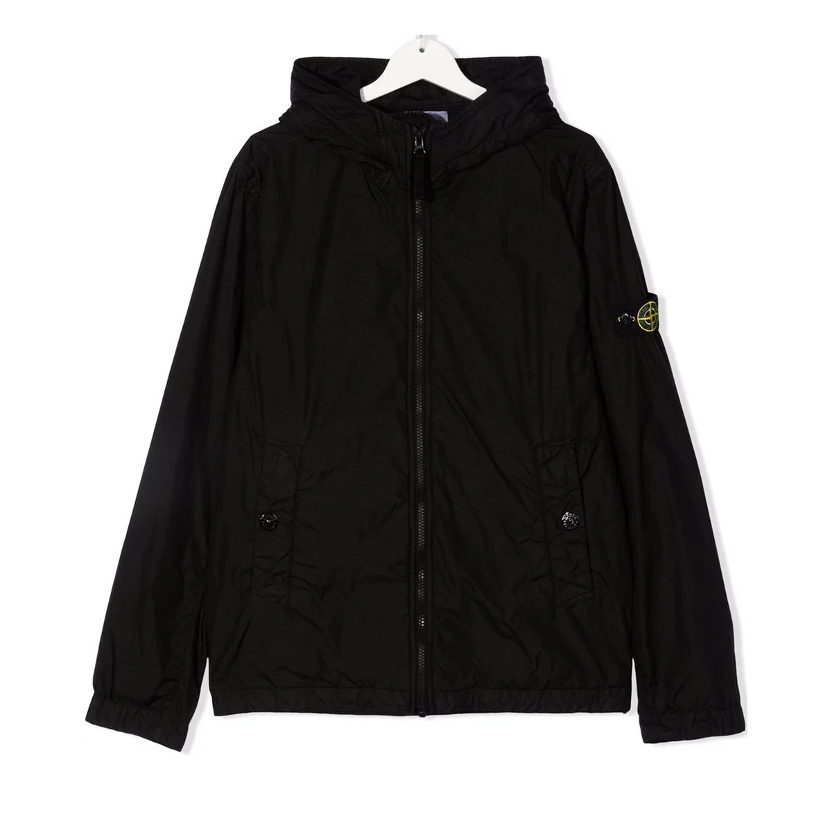 STONE ISLAND JUNIOR SHOWERPROOF HOODED JAKCET IN BLACK