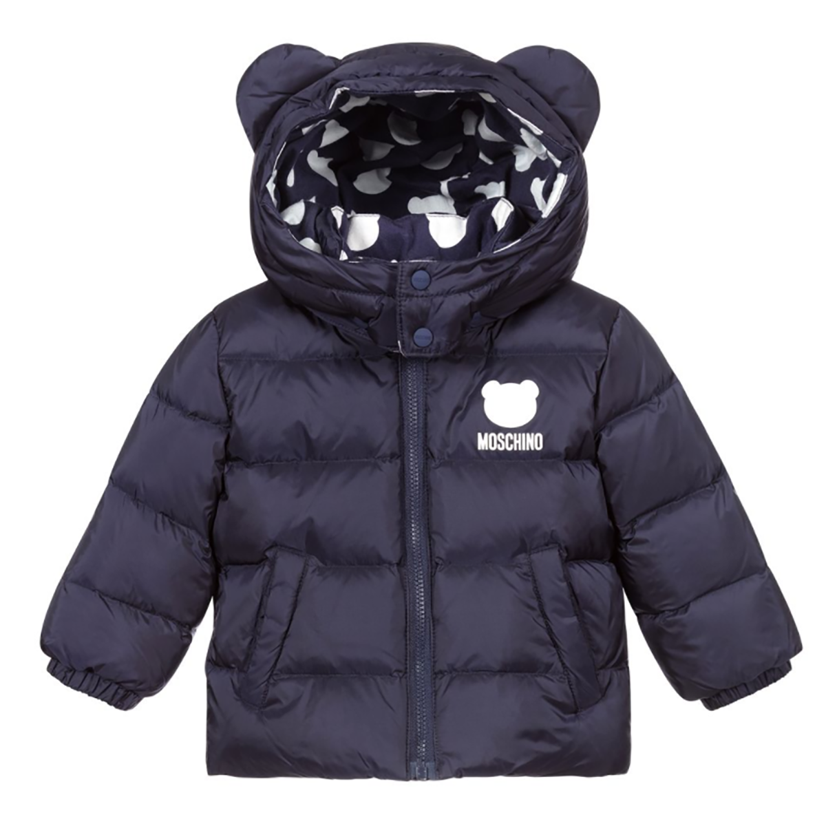 MOSCHINO BABY TEDDY LOGO PADDED JACKET IN NAVY