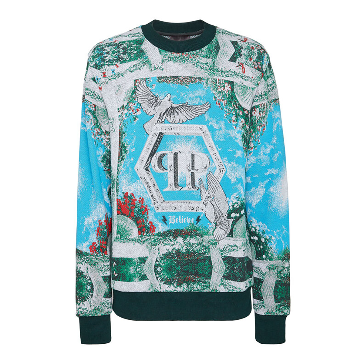 PHILIPP PLEIN COTTON BLEND JUMPER ROUND NECK LS PINEAPPLE SKIES