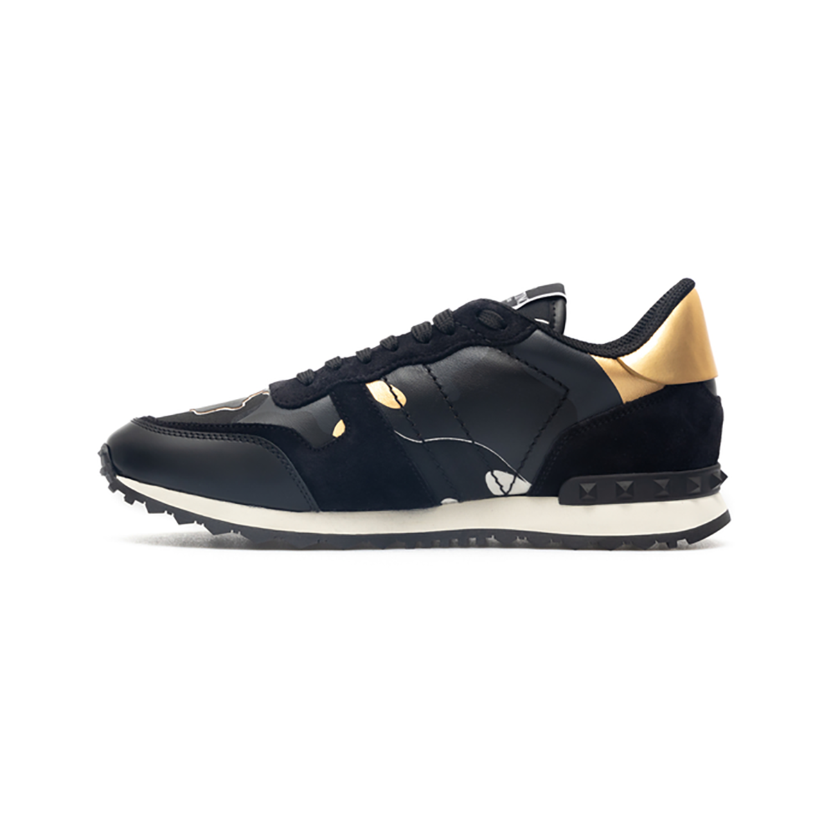 VALENTINO ROCKRUNNER CAMO TRAINERS IN BLACK-GOLD