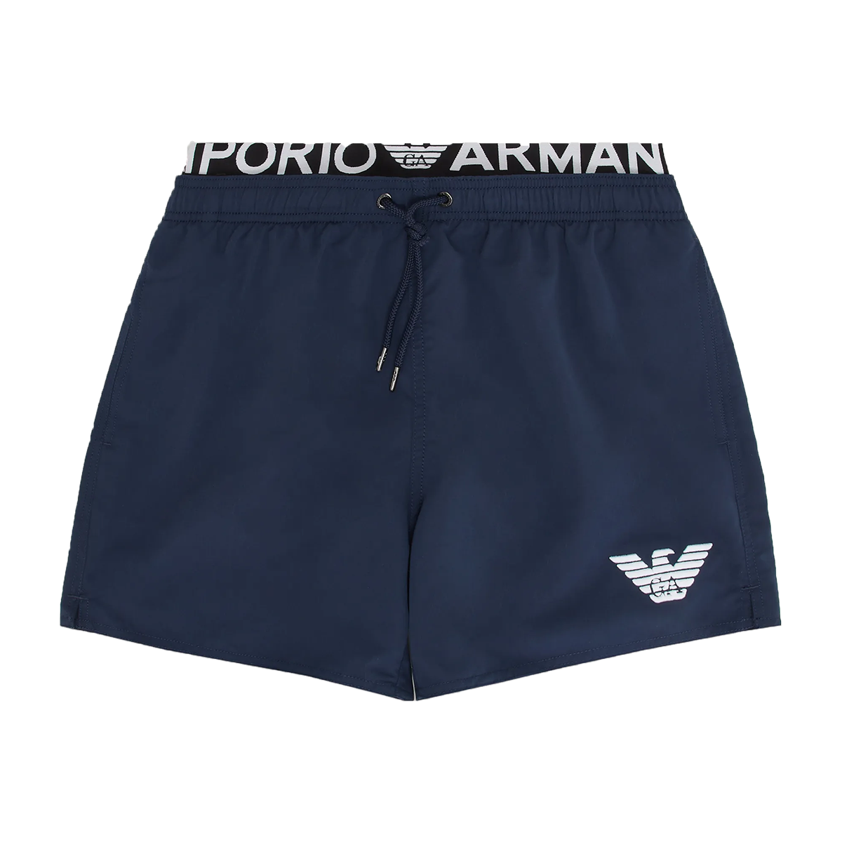 EMPORIO ARMANI LOGO WAISTBAND LOGO SWIM SHORTS IN NAVY