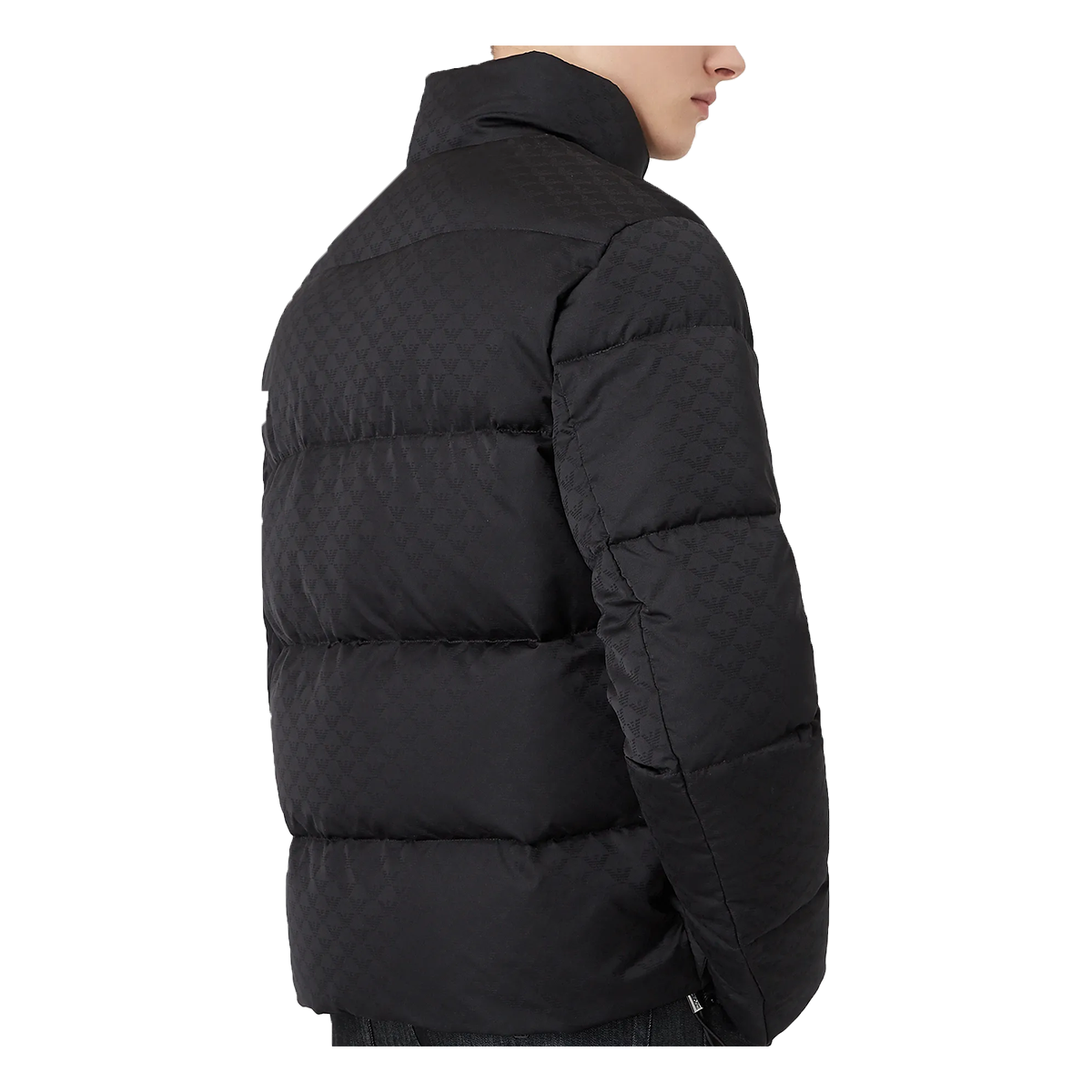 EMPORIO ARMANI QUILTED LOGO PRINT PUFFER JACKET IN BLACK