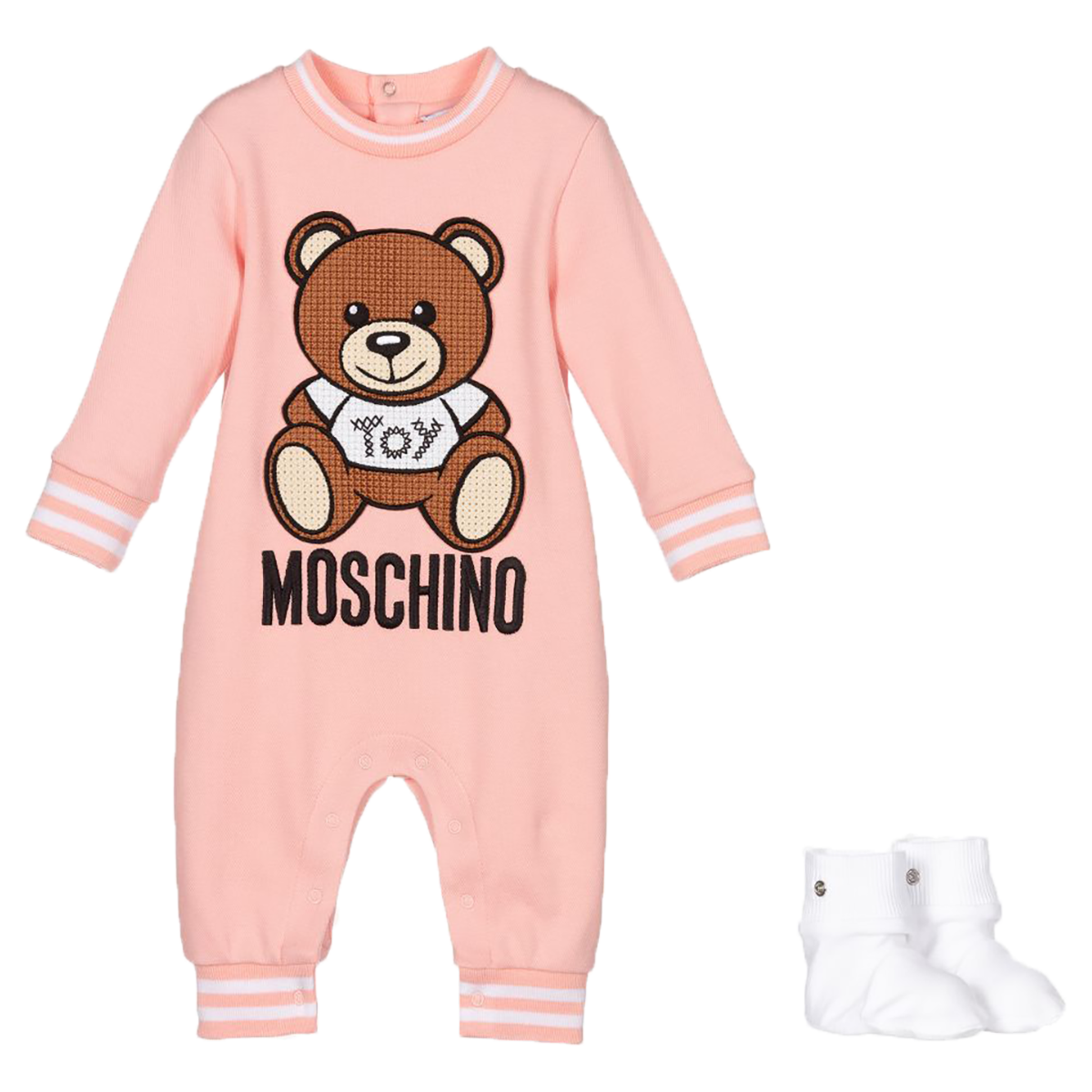 MOSCHINO BABY EMBROIDERED TEDDY BODY SUIT WITH SOCKS IN PINK