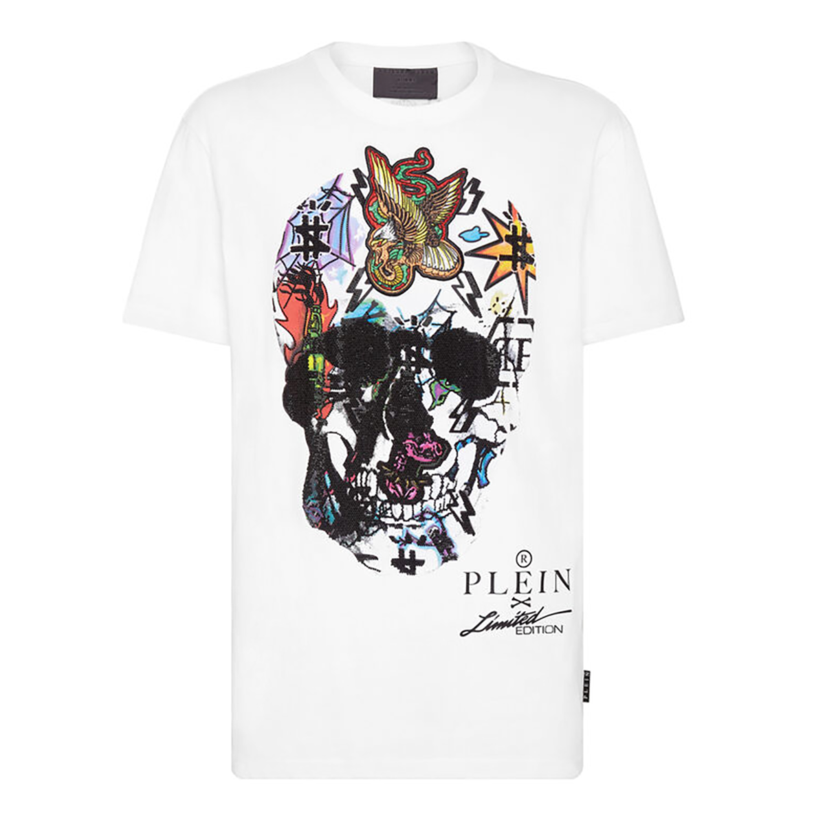 PHILIPP PLEIN SS TATTOO SKULL STRASS T-SHIRT IN WHITE