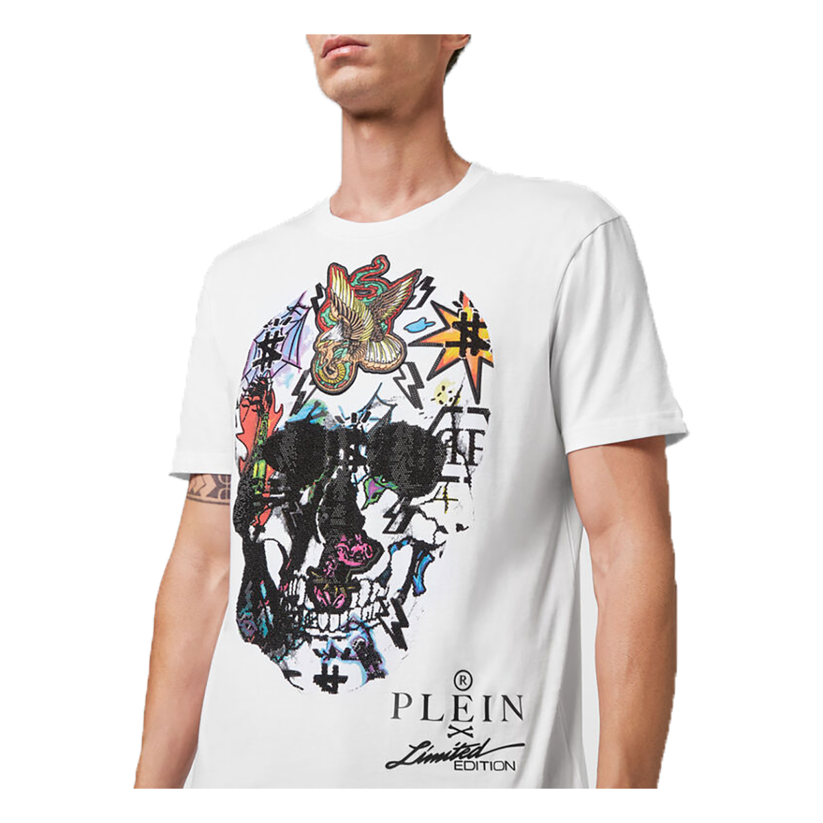 PHILIPP PLEIN SS TATTOO SKULL STRASS T-SHIRT IN WHITE