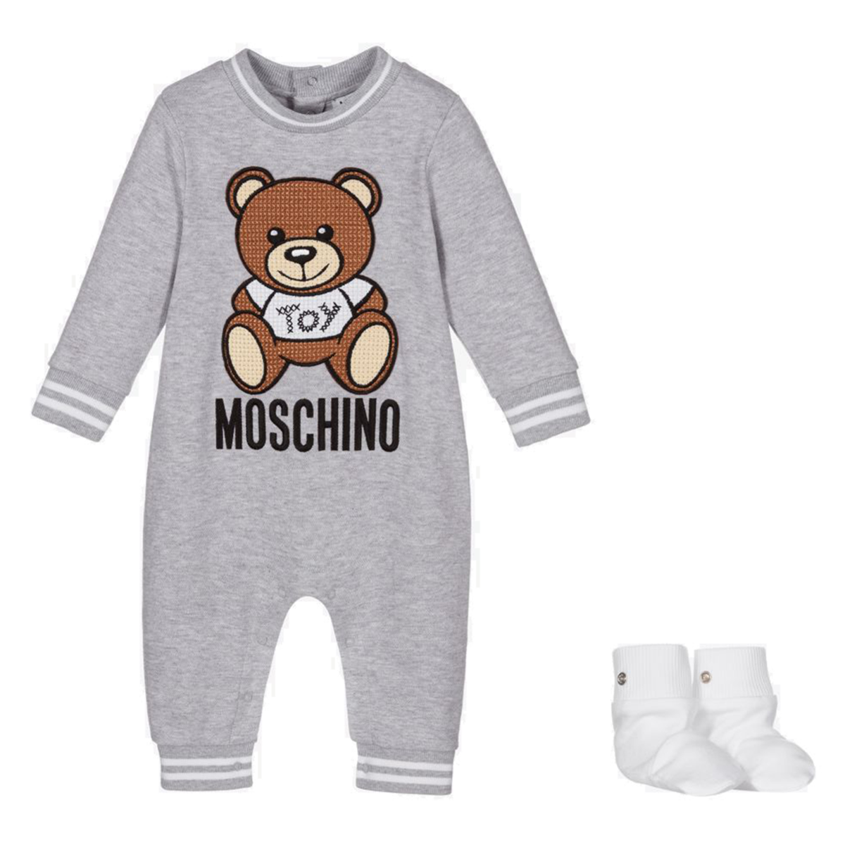 MOSCHINO BABY EMBROIDERED TEDDY BODY SUIT WITH SOCKS IN GREY