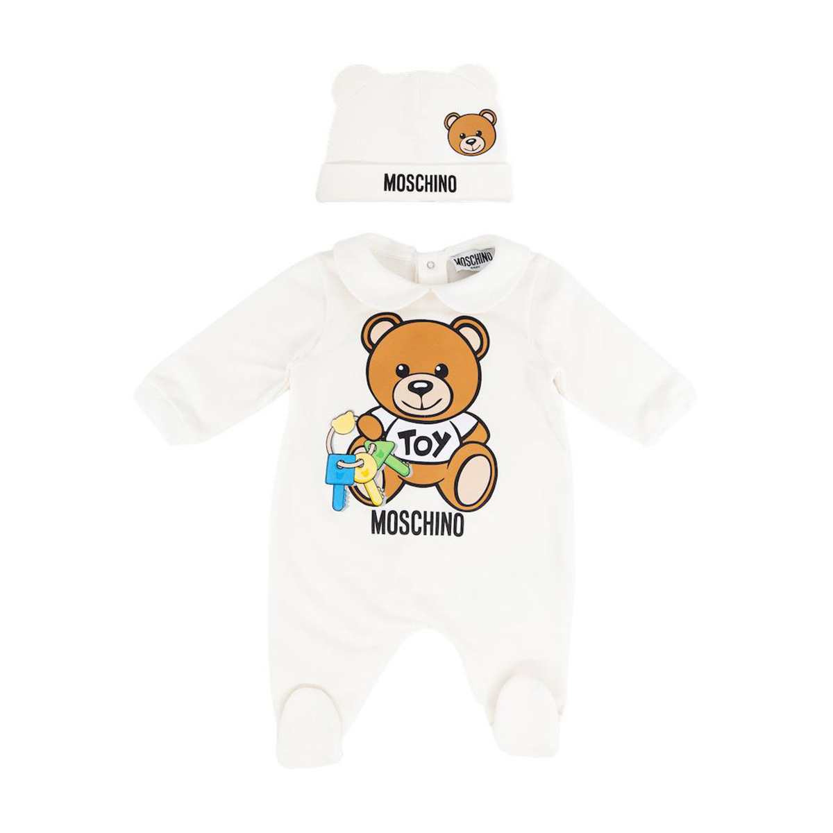 MOSCHINO BABY BABYGROW AND HAT SET IN WHITE