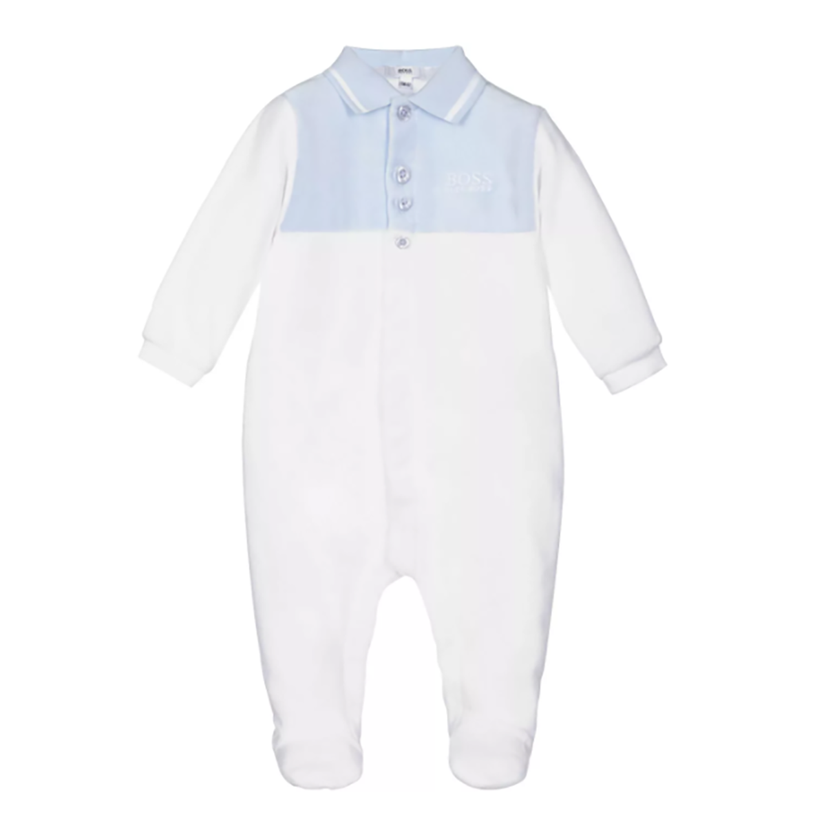 BOSS BABY BOY SLEEP SUIT IN WHITE AND PALE BLUE