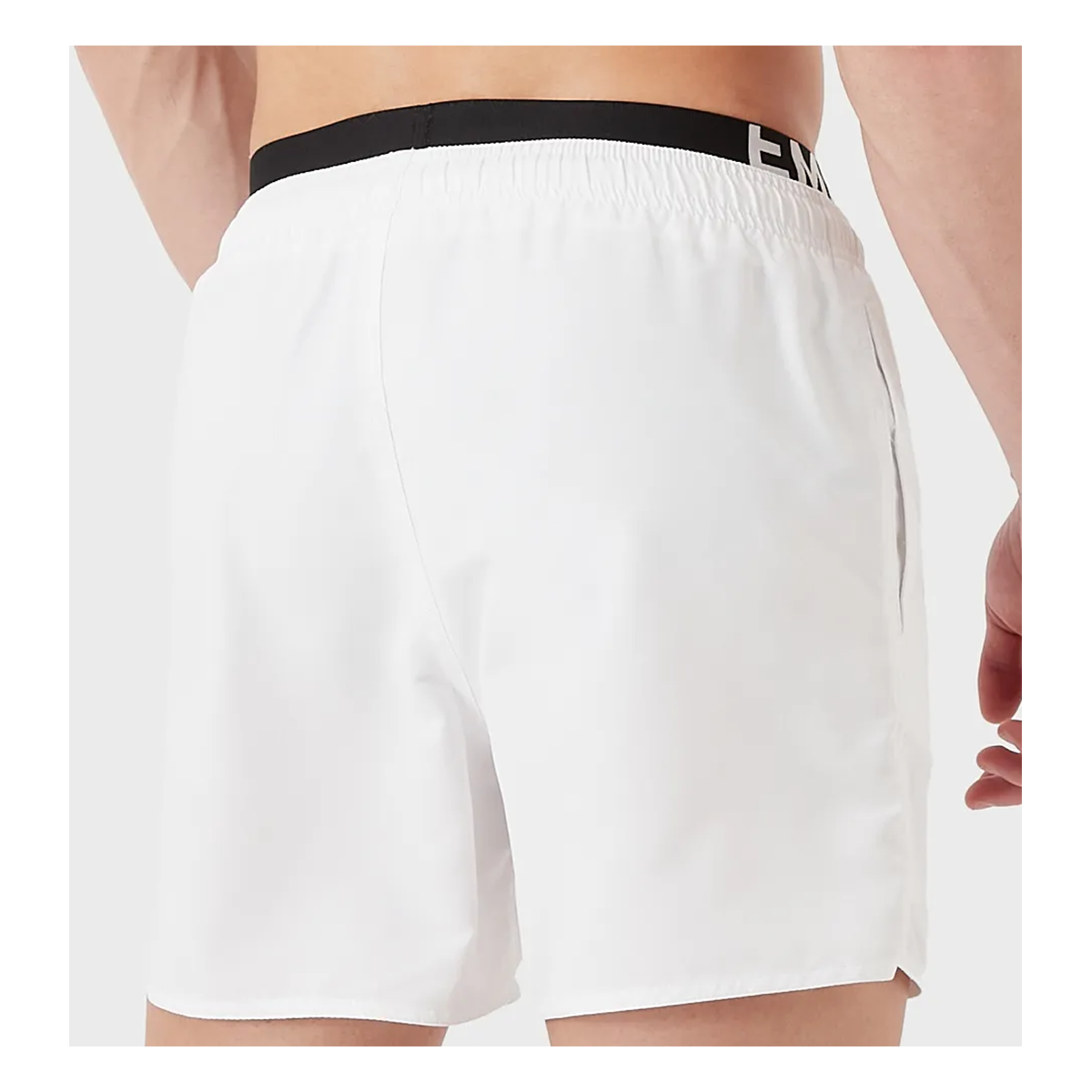 EMPORIO ARMANI LOGO WAISTBAND LOGO SWIM SHORTS IN WHITE