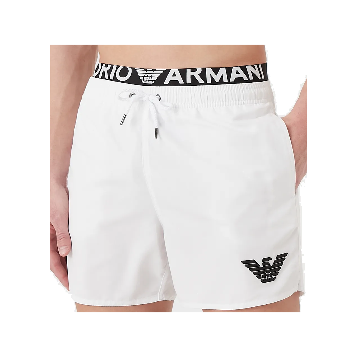 EMPORIO ARMANI LOGO WAISTBAND LOGO SWIM SHORTS IN WHITE