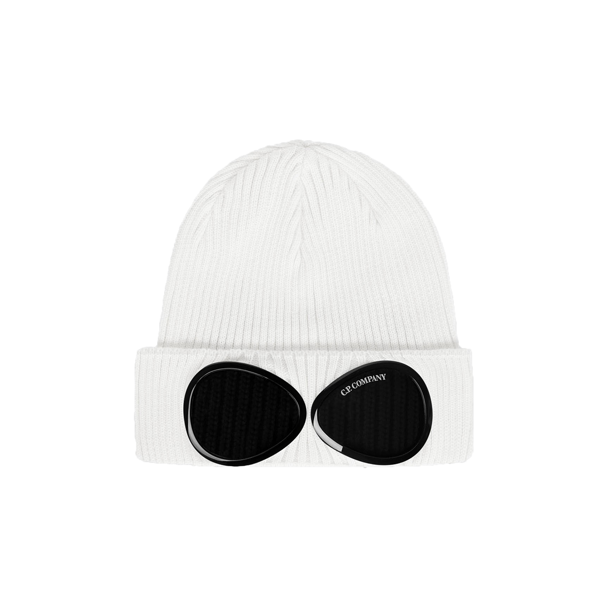 CP COMPANY COTTON GOGGLE BEANIE HAT IN WHITE