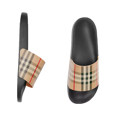 BURBERRY CHECKED PRINT SLIDERS IN BLACK